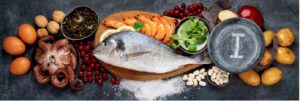Lebensmittel mit viel Jod: Fisch, Meeresfrüchte, Milch und Eier zur Unterstützung der Schilddrüse